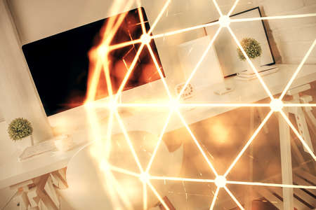 Double exposure of social network theme drawing and office interior background. Concept of web.の写真素材