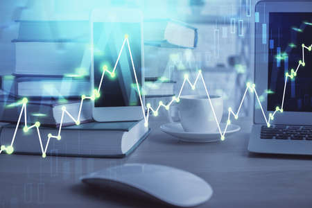 Double exposure of financial graph drawing and cell phone background. Concept of forex trading