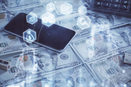 Double exposure of tech theme drawing over usa dollars bill background. Concept of technology.の写真素材