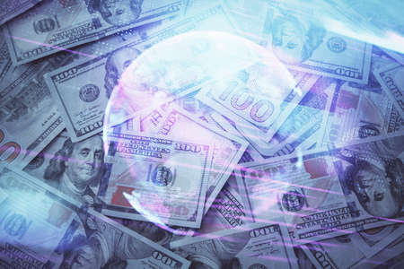 Double exposure of tech theme drawing over usa dollars bill background. Concept of technology.の写真素材