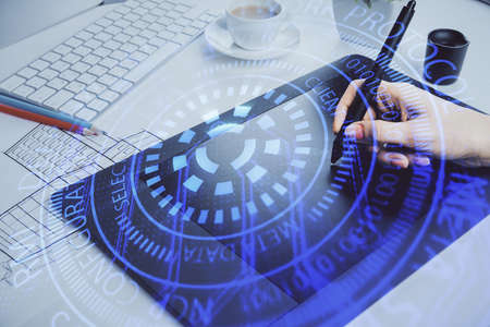 Double exposure of technology sketch hologram and woman holding and using a mobile device. Ai...