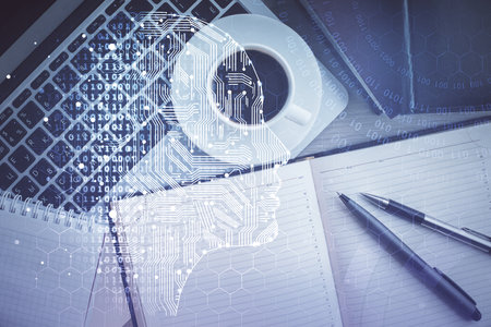 Double exposure of brain drawing hologram over topview work table background with computer. Concept of big data.の写真素材