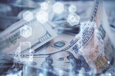 Double exposure of tech theme drawing over usa dollars bill background. Concept of technology.