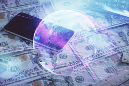 Double exposure of tech theme drawing over usa dollars bill background. Concept of technology.
