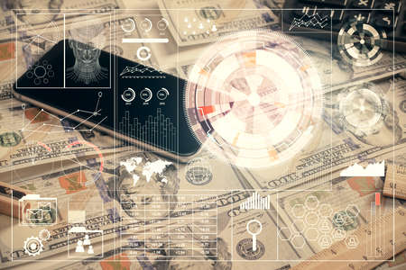 Double exposure of data theme drawing over us dollars bill background. Technology concept.の写真素材