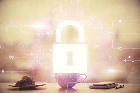 Double exposure of Lock security drawing over coffee cup background in office.