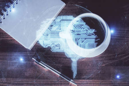 Double exposure of brain sketch and table top veiw. Concept of data analysis.