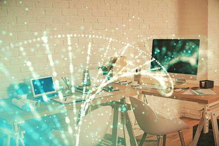 Double exposure of dna drawing and office interior background. Concept of science.の写真素材
