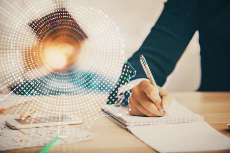 Double exposure of brain drawing over people taking notes background. Concept of Aiの写真素材