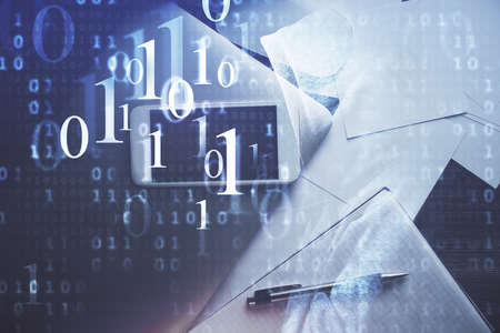 Multi exposure of technology theme drawing over work table desktop. Top view. Global data analysis...