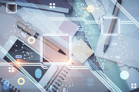 Multi exposure of technology theme drawing over work table desktop. Top view. Global data analysis concept.の写真素材