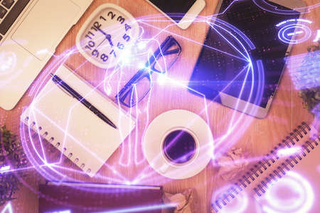 Double exposure of education theme drawing over table with phone. Top view. Science education...