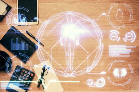 Double exposure of education theme drawing and work table top veiw.の写真素材