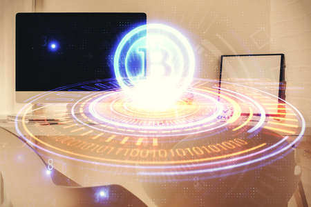 Double exposure of crypto technology theme drawing and office interior background. Concept of...