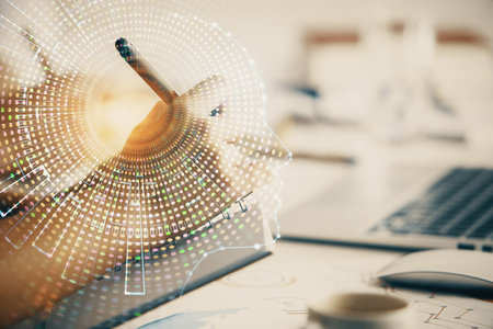 Double exposure of brain drawing over people taking notes background. Concept of Aiの写真素材