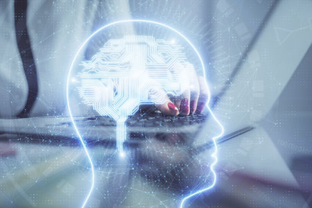 Multi exposure of woman hands working on computer and human brain hologram drawing. Ai tech concept.