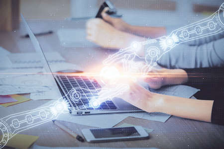 Multi exposure of woman hands working on computer and data theme hologram drawing. Tech concept.
