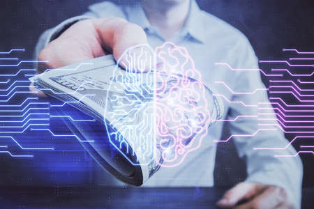 Multi exposure of brain drawing hologram and us dollars bills and man hands. Ai invest concept