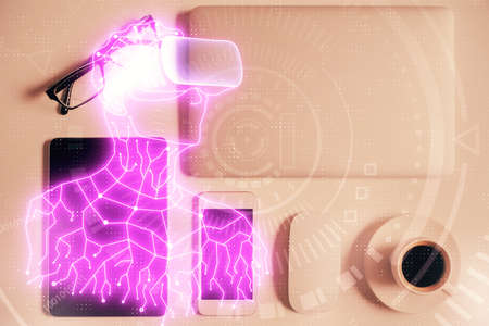 Double exposure of drawing man in AR glasses over table with phone. Top view. VR concept.