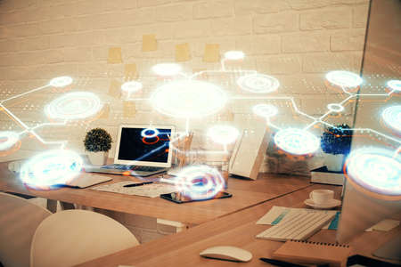Double exposure of social network theme drawing and office interior background. Concept of web.