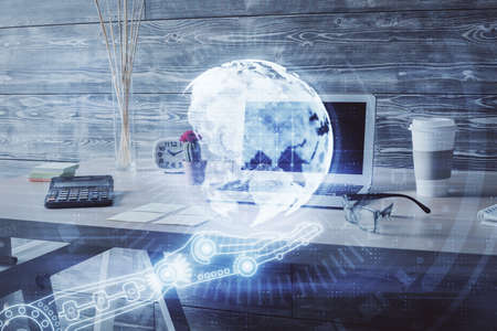 Multi exposure of world map drawing and office interior background. Concept of international...