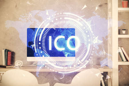 Double exposure of crypto technology theme drawing and office interior background. Concept of blockchain.の写真素材