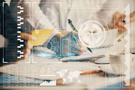 Double exposure of data theme sketch drawing over people writing background. Concept of technology