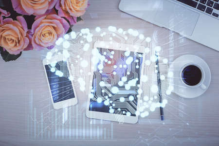 Double exposure of brain drawing over work table desktop. Top view. Global data analysis concept.