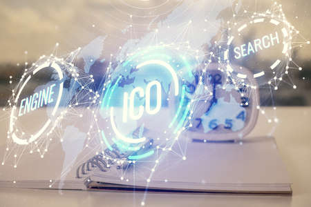 Double exposure of blockchain theme drawings and desk with open notebook background. Concept of...