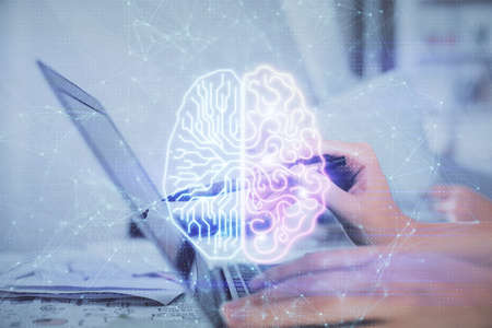 Multi exposure of woman hands working on computer and brain hologram drawing. Ai concept.の写真素材