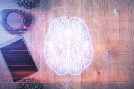Multi exposure of brain drawing over work table desktop. Top view. Global data analysis concept.