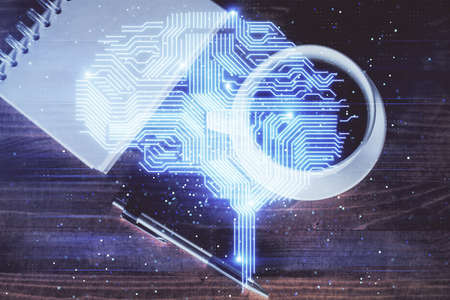 Double exposure of brain sketch and table top view. Concept of data analysis.