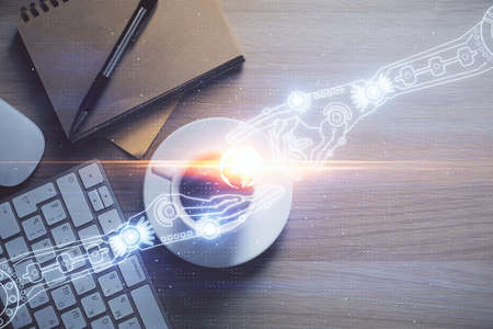 Double exposure of brain sketch and table top view. Concept of data analysis.
