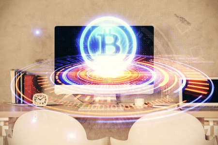 Double exposure of crypto technology theme drawing and office interior background. Concept of blockchain.の写真素材