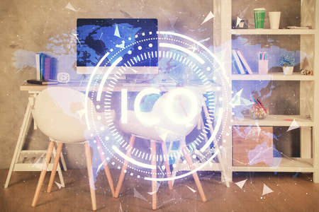Double exposure of crypto technology theme drawing and office interior background. Concept of blockchain.の写真素材