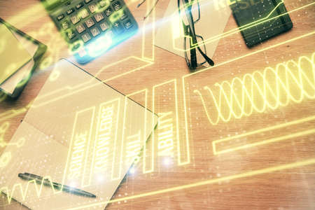 Double exposure of education theme drawing and work table top view.の写真素材