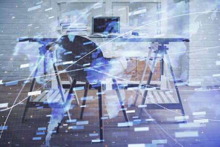 Multi exposure of data theme drawing and office interior background. Concept of technology.の写真素材