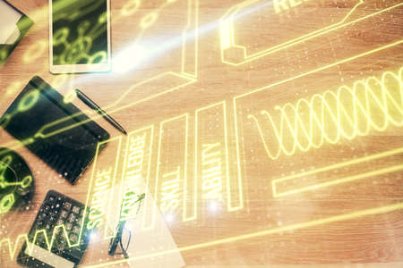 Double exposure of education theme drawing and work table top view.