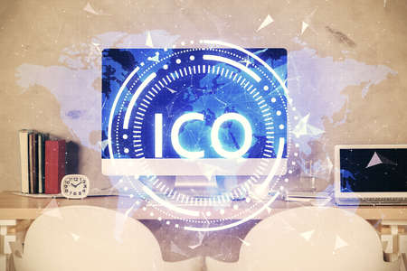 Double exposure of crypto technology theme drawing and office interior background. Concept of...