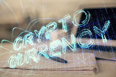 Double exposure of blockchain theme drawings and desk with open notebook background. Concept of...