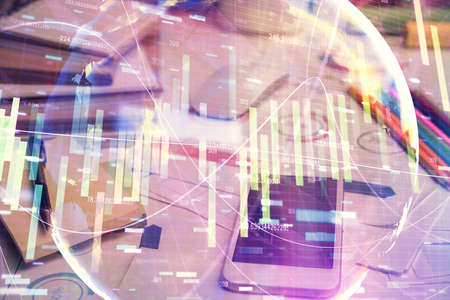 Double exposure of financial graph drawing and cell phone background. Concept of forex trading
