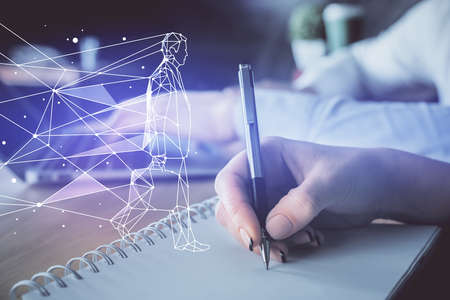 Double exposure of creative drawing over people taking notes background. Concept of startup