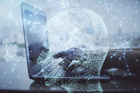 Multi exposure of woman hands working on computer and brain hologram drawing. Ai concept.