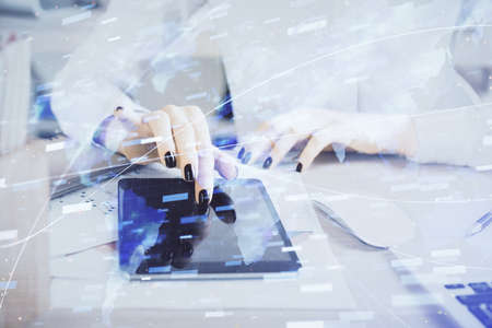 Double exposure of technology sketch hologram and woman holding and using a mobile device. Ai conceptの写真素材