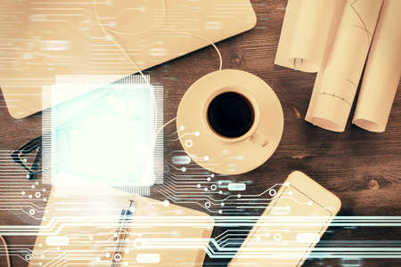 Multi exposure of data drawing hologram over topview of study desk background with computer. Concept of technology.の写真素材