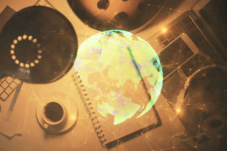 Double exposure of social network theme drawing and work table top veiw. Concept of international...