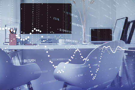 Double exposure of data theme drawing and office interior background. Concept of technology.