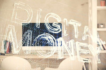 Double exposure of crypto technology theme drawing and office interior background. Concept of...