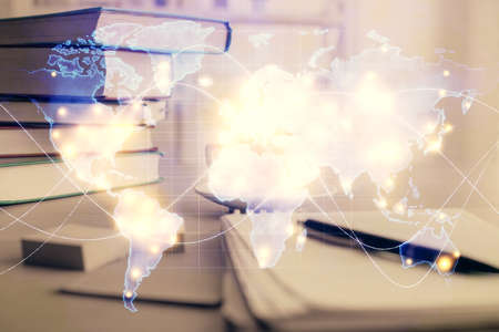 Double exposure of business theme drawing and desktop with coffee and items on table background....