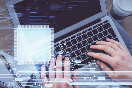 Multi exposure of man's hands typing over computer keyboard and data theme hologram drawing. Top...